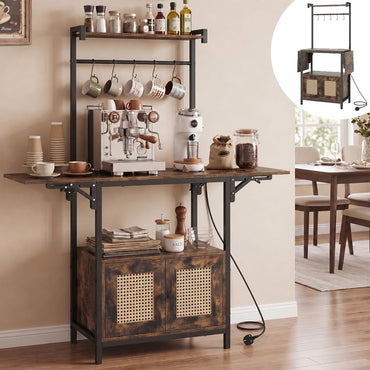 Kitchen Bakers Rack with Drop Leaf, Power Outlet & Rattan Doors