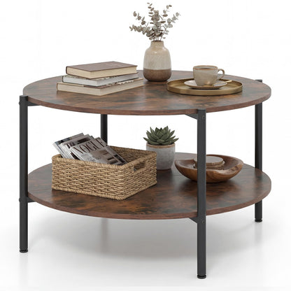 2-Tier Industrial Round Coffee Table with Open Storage Shelf
