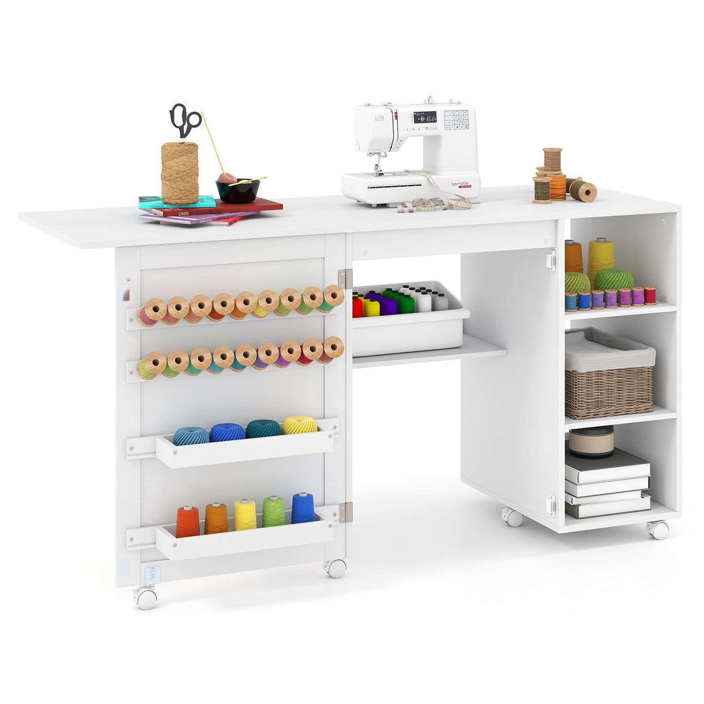 Folding Sewing Table, Mobile Craft Table with Rattan Door