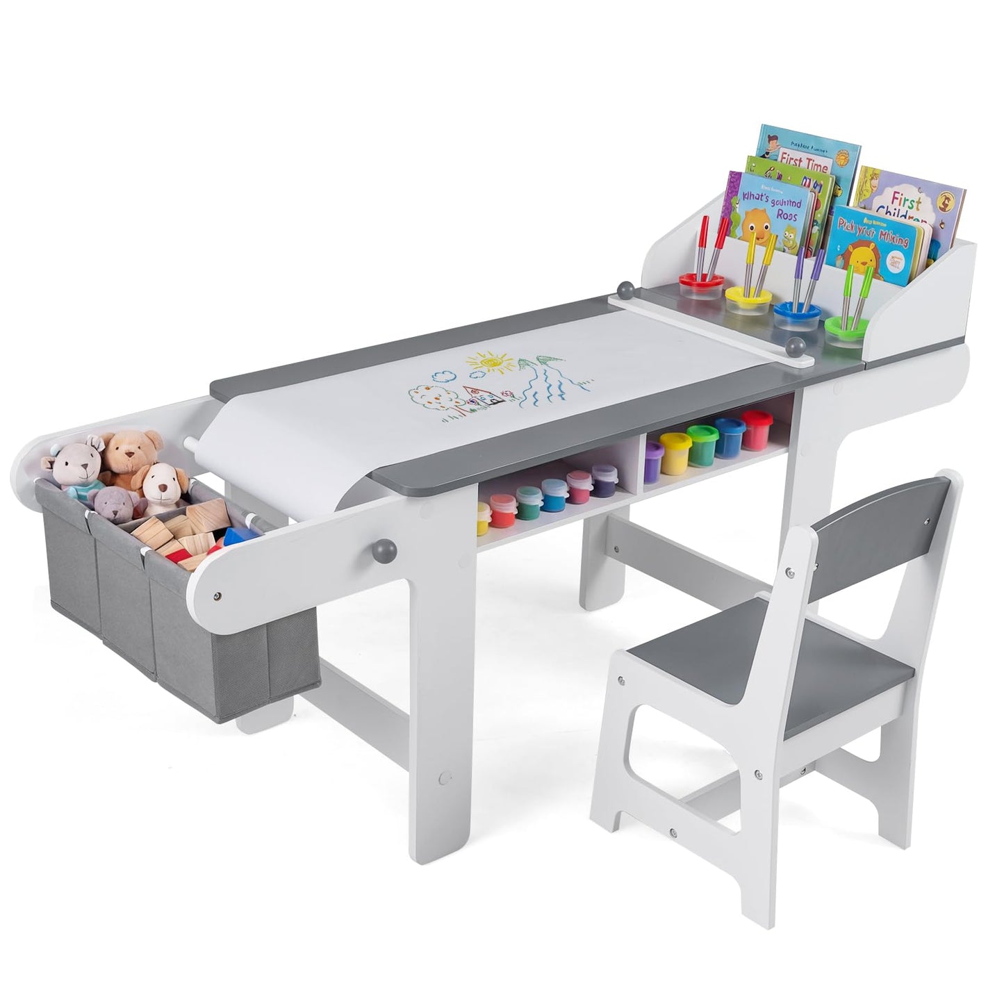 Kids Art Table and Chair Set with Paper Roll & Fabric Bins for Drawing Reading Studying Playing