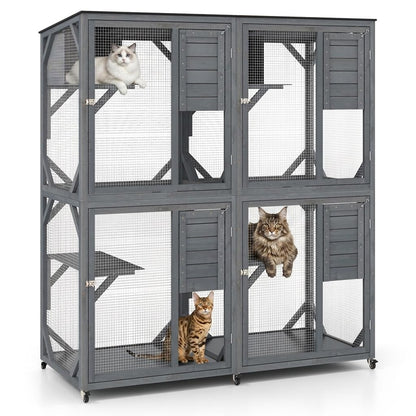 Spacious Fir Wood Outdoor Cat Enclosure with 2 Rest Nooks and 4 Activity Platforms