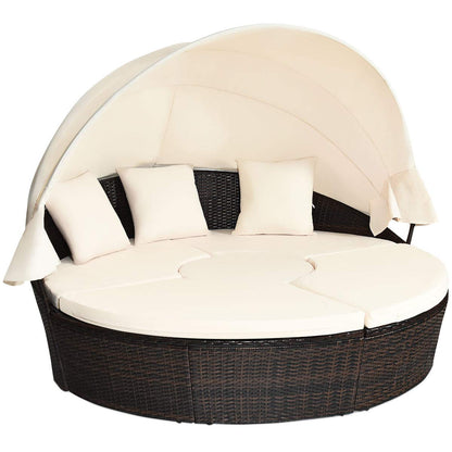 Patio Wicker Sun Bed Sectional Sofa Set with Retractable Canopy