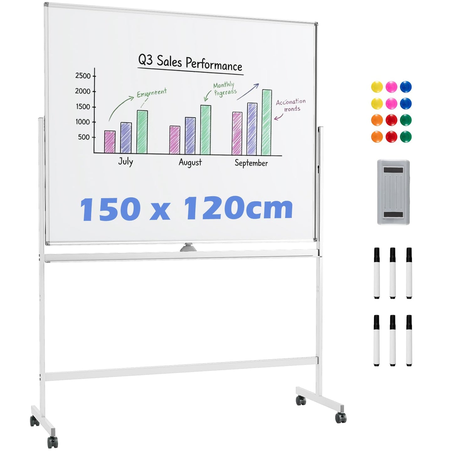 Double Sided Magnetic Whiteboard, Mobile Reversible Dry Erase Board with Black Markers