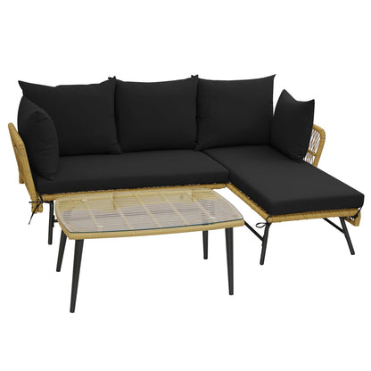 3 Pieces L Shaped Patio Conversation Set with Cushions & Tempered Glass Table