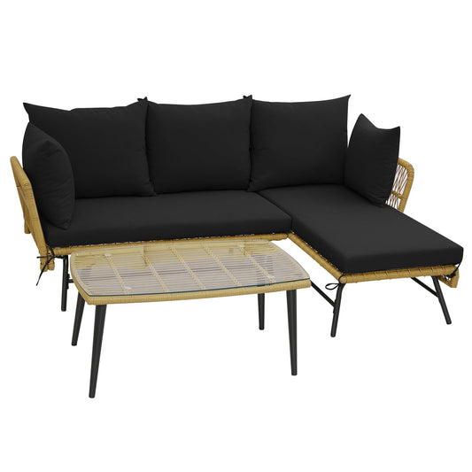 3 Pieces L Shaped Patio Conversation Set with Cushions & Tempered Glass Table
