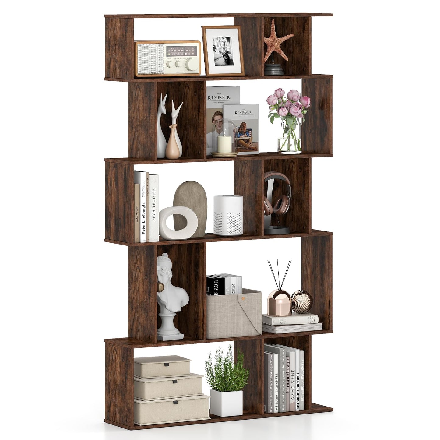 S-Shaped Wooden Bookcase, 5/6 Tiers Freestanding Storage Shelf