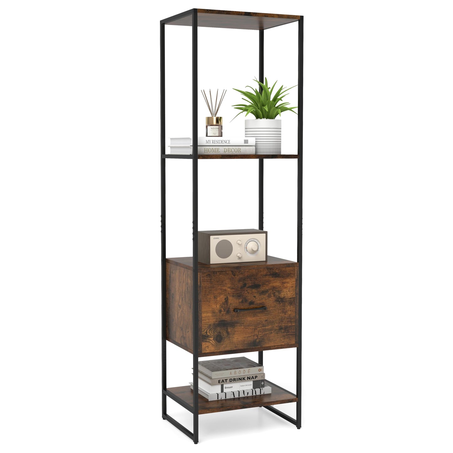 5-Tier Tall Narrow Bookcase Bookshelf with Drawer Shelves
