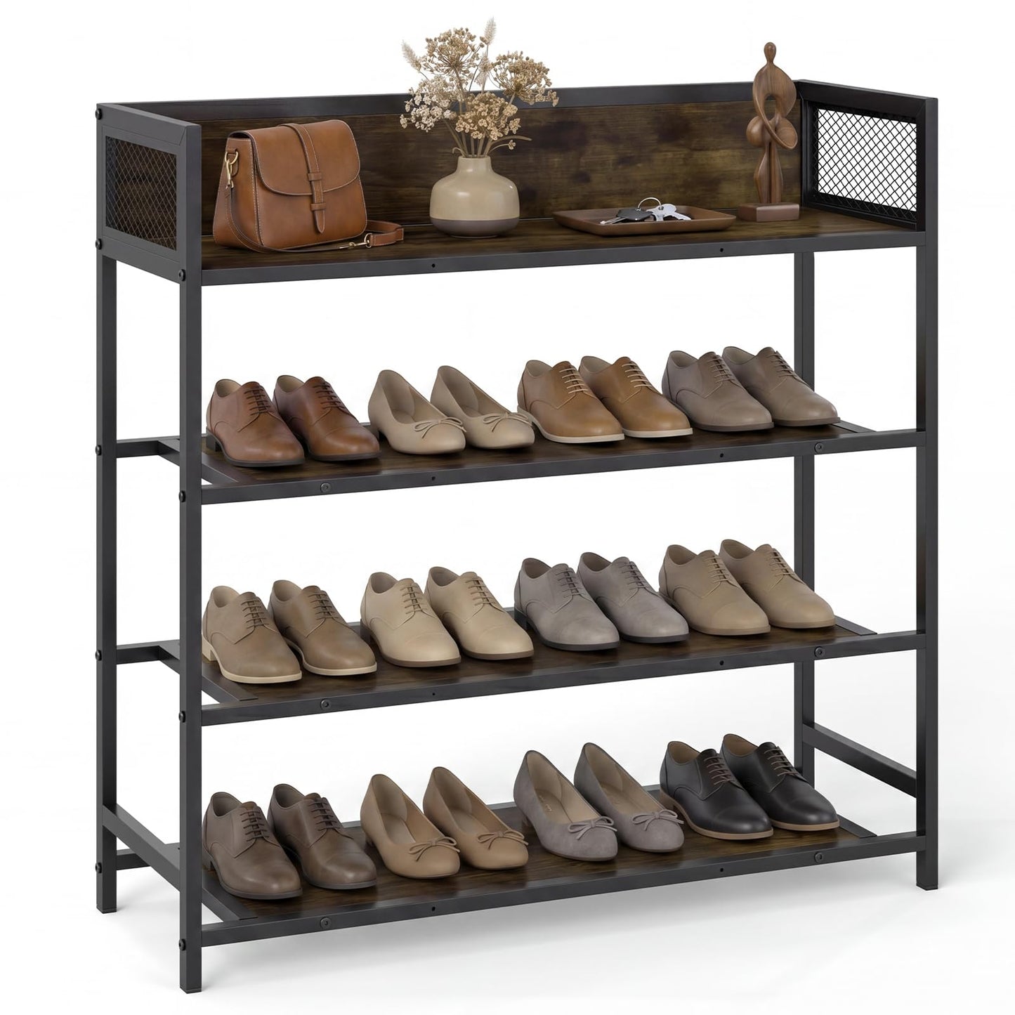 4-Tier Shoe Rack, Freestanding Narrow Shoes Shelf Stand with Anti-Fall Barrier