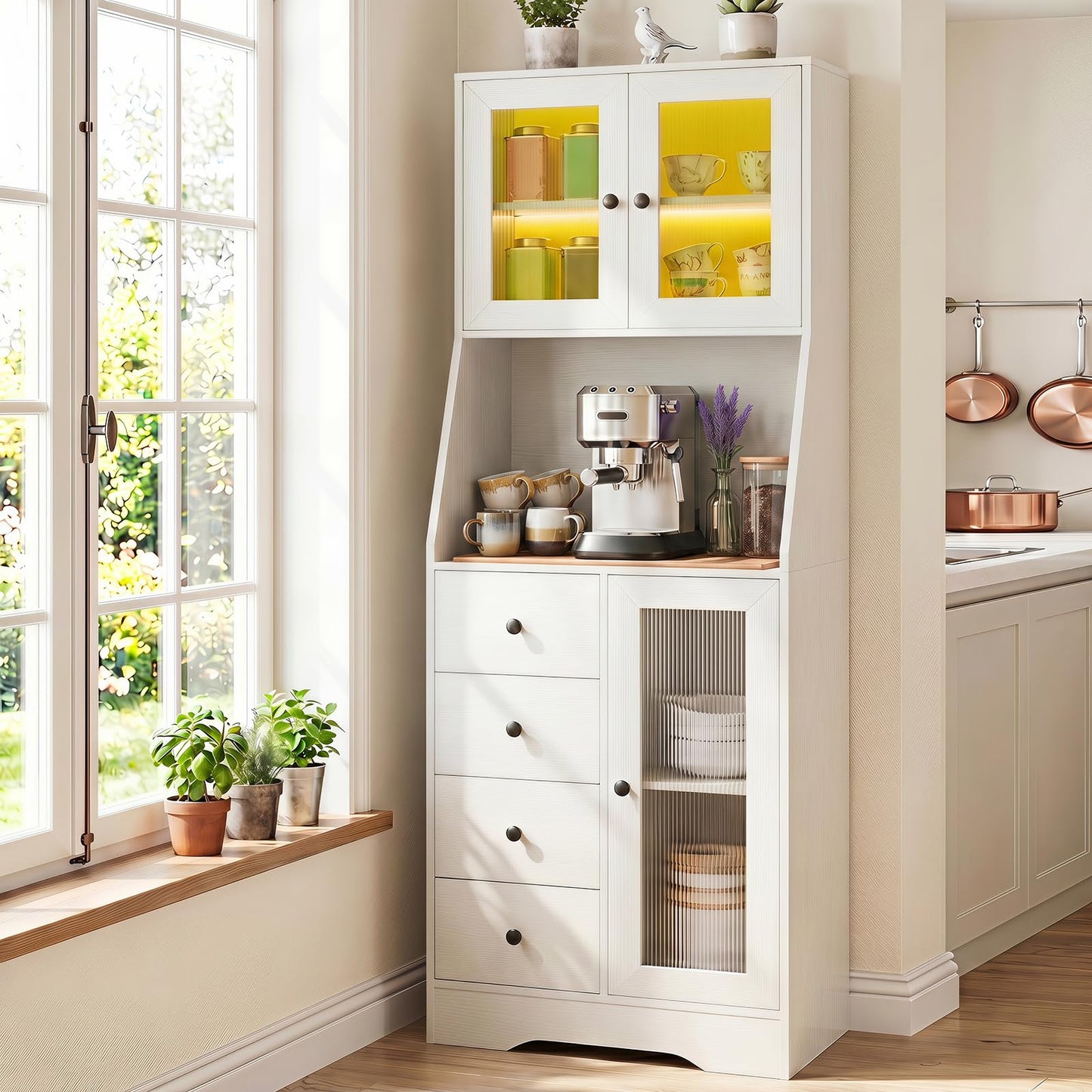 Kitchen Pantry Cabinet with Adjustable LED Lights, 4 Drawers