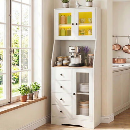 Kitchen Pantry Cabinet with Adjustable LED Lights, 4 Drawers