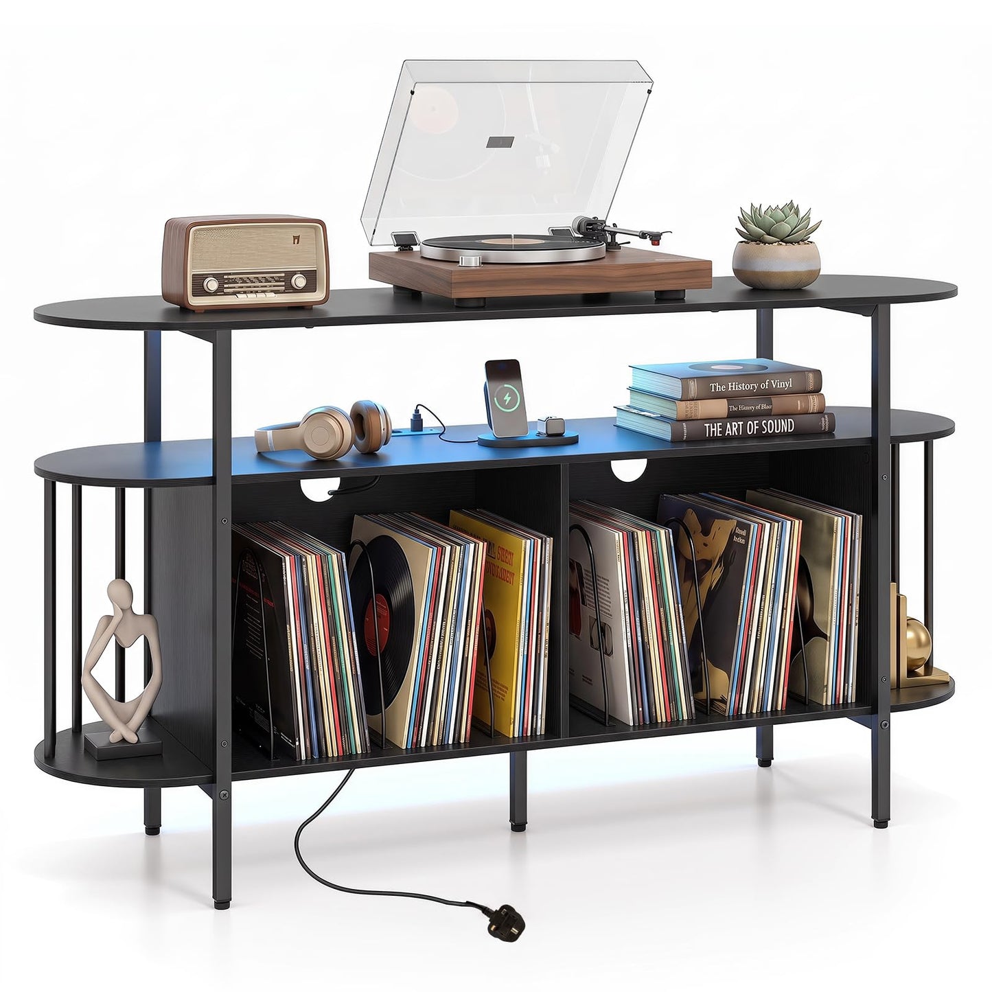 Record Player Stand with Charging Station,LED Lights