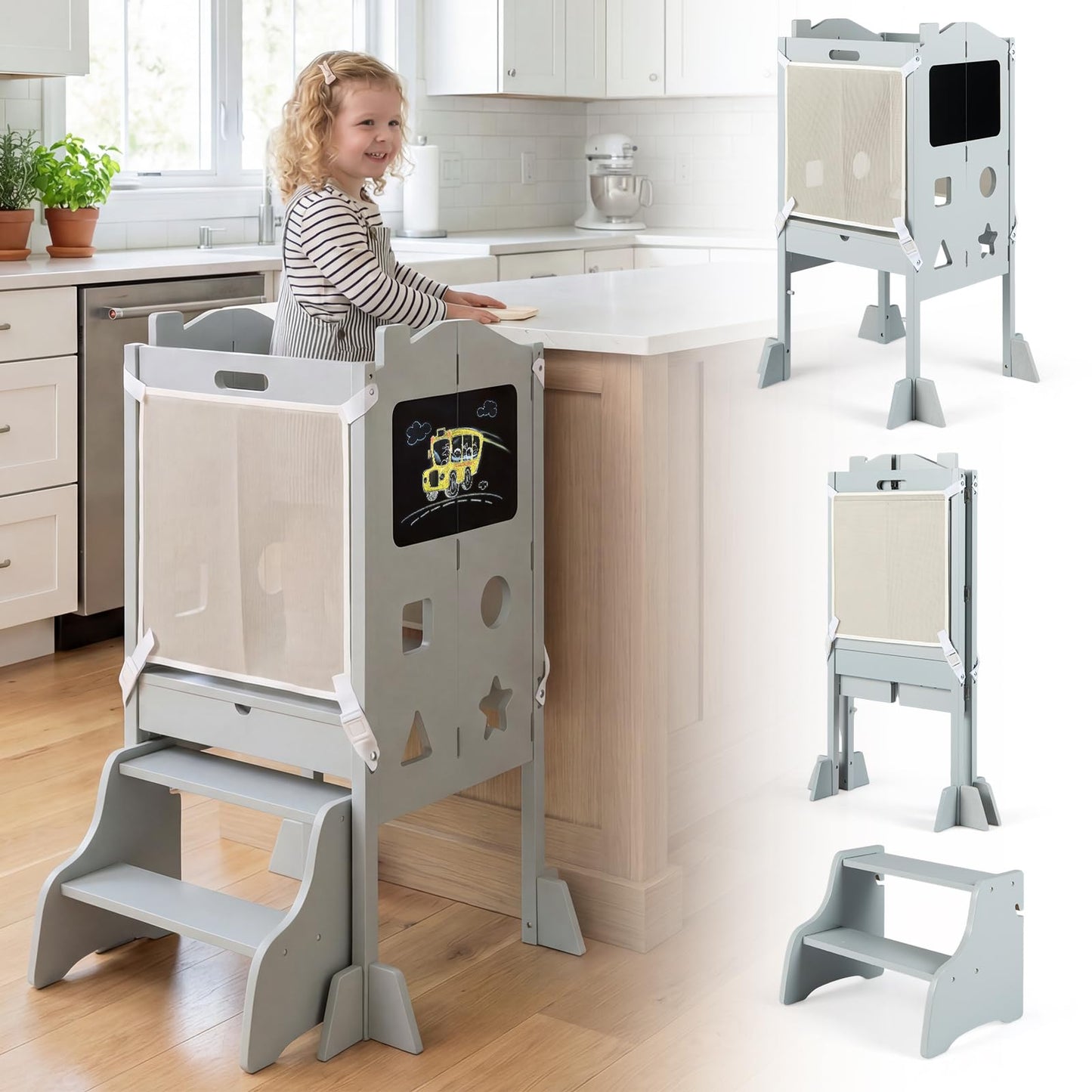 Foldable Toddler Step Stool with Chalkboards and 2-Step Stool for Boys and Girls Aged 2+