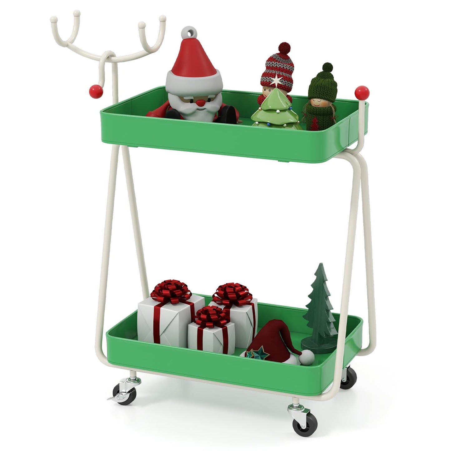 Reindeer Side Table 2-Tier Christmas Rolling Cart with Metal Frame and Wheels