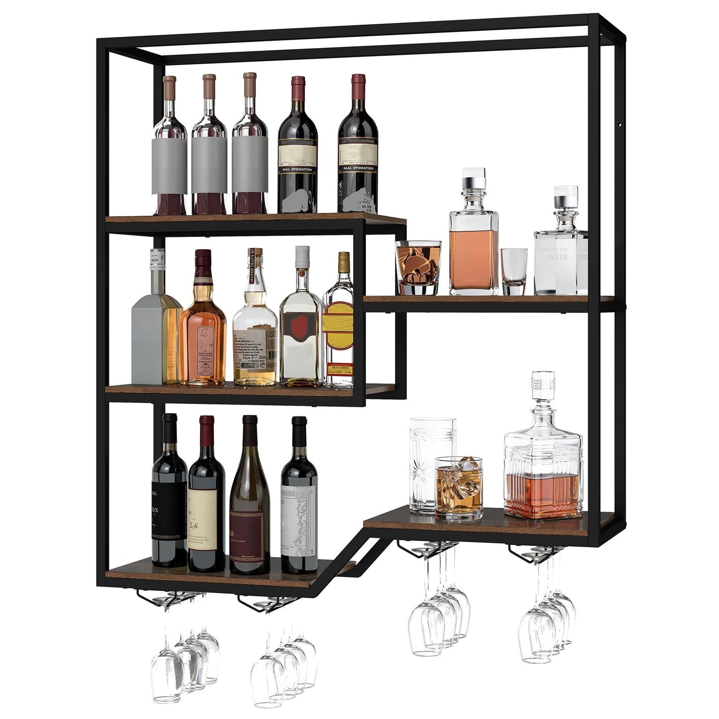 Wall Mounted Wine Rack, 5-Tier Hanging Bar Shelves with 4 Wine Glass Holders