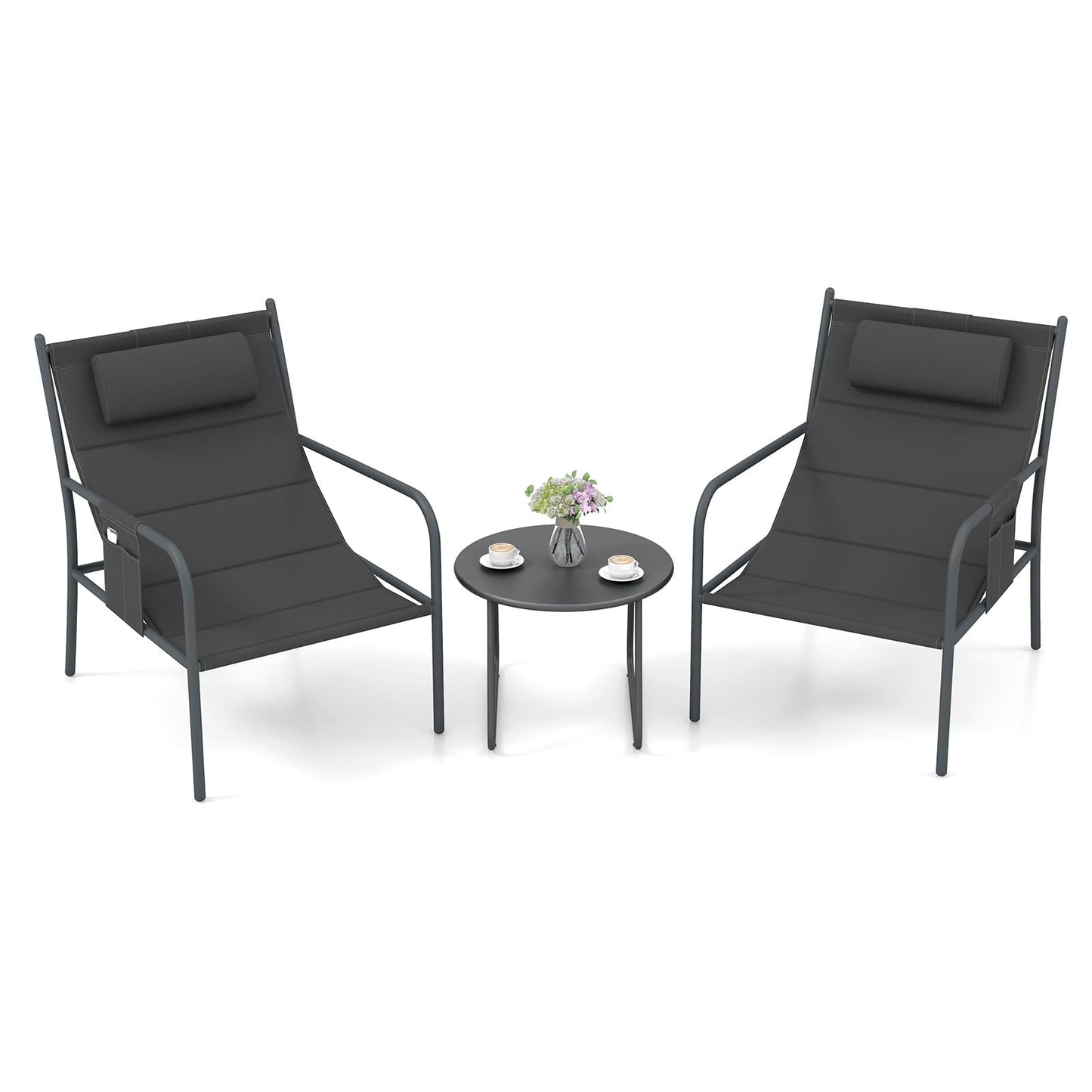 Metal Frame Chair and Coffee Table Set with Cozy Headrest & Storage Bag