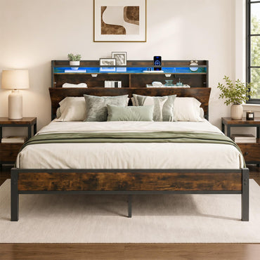 King Size Bed Frame with LED Lights, Charging Station,5ft-150x200cm