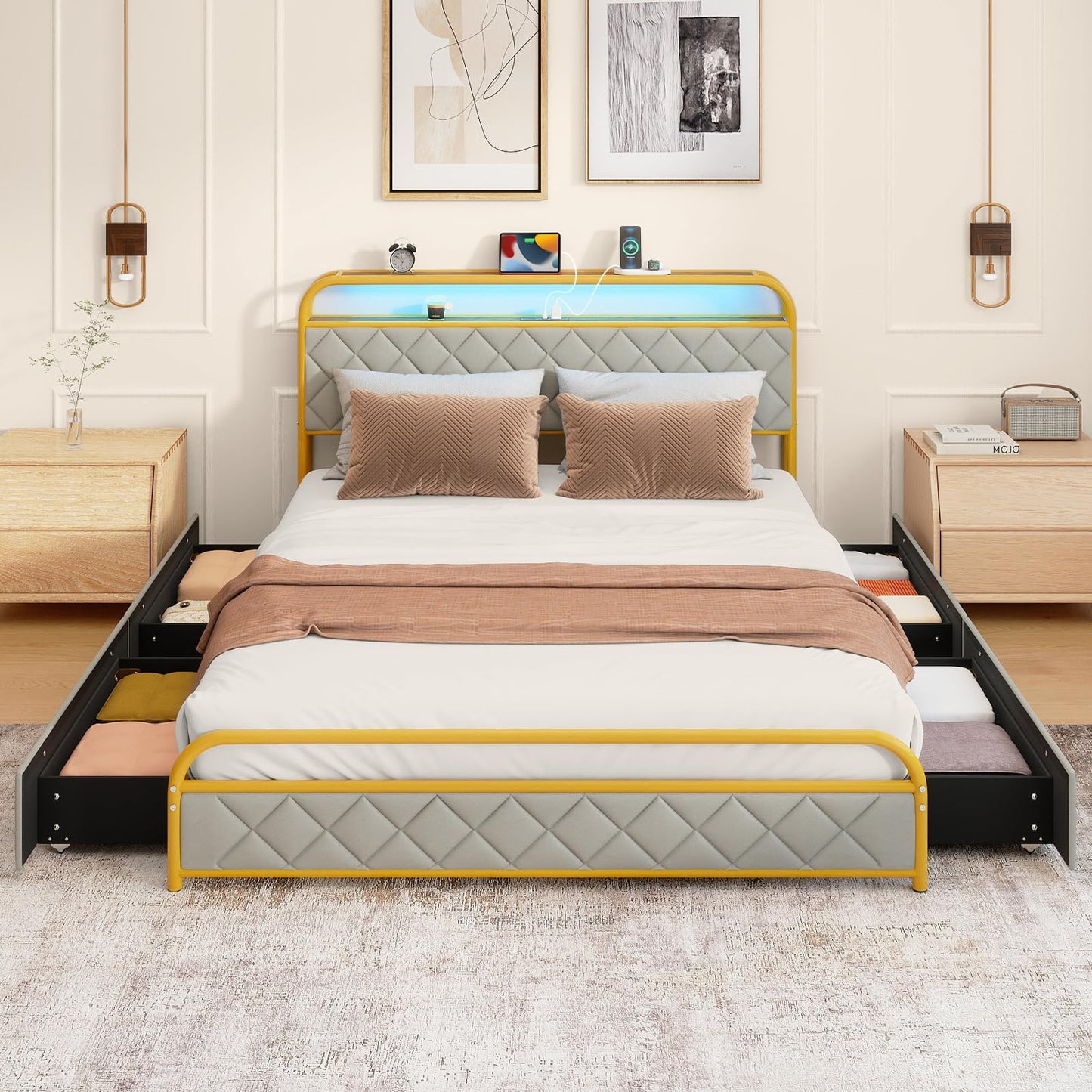 5FT King Size Bed Frame with RGB LED Lights, Charging Station