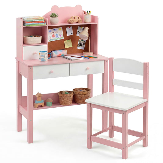 Kids Desk and Chair Set, Wooden Student Study Table with Drawers