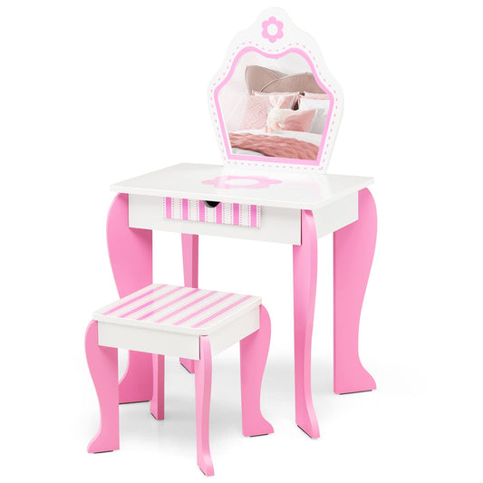 Kids Vanity Table and Stool Set with Mirror and Drawer