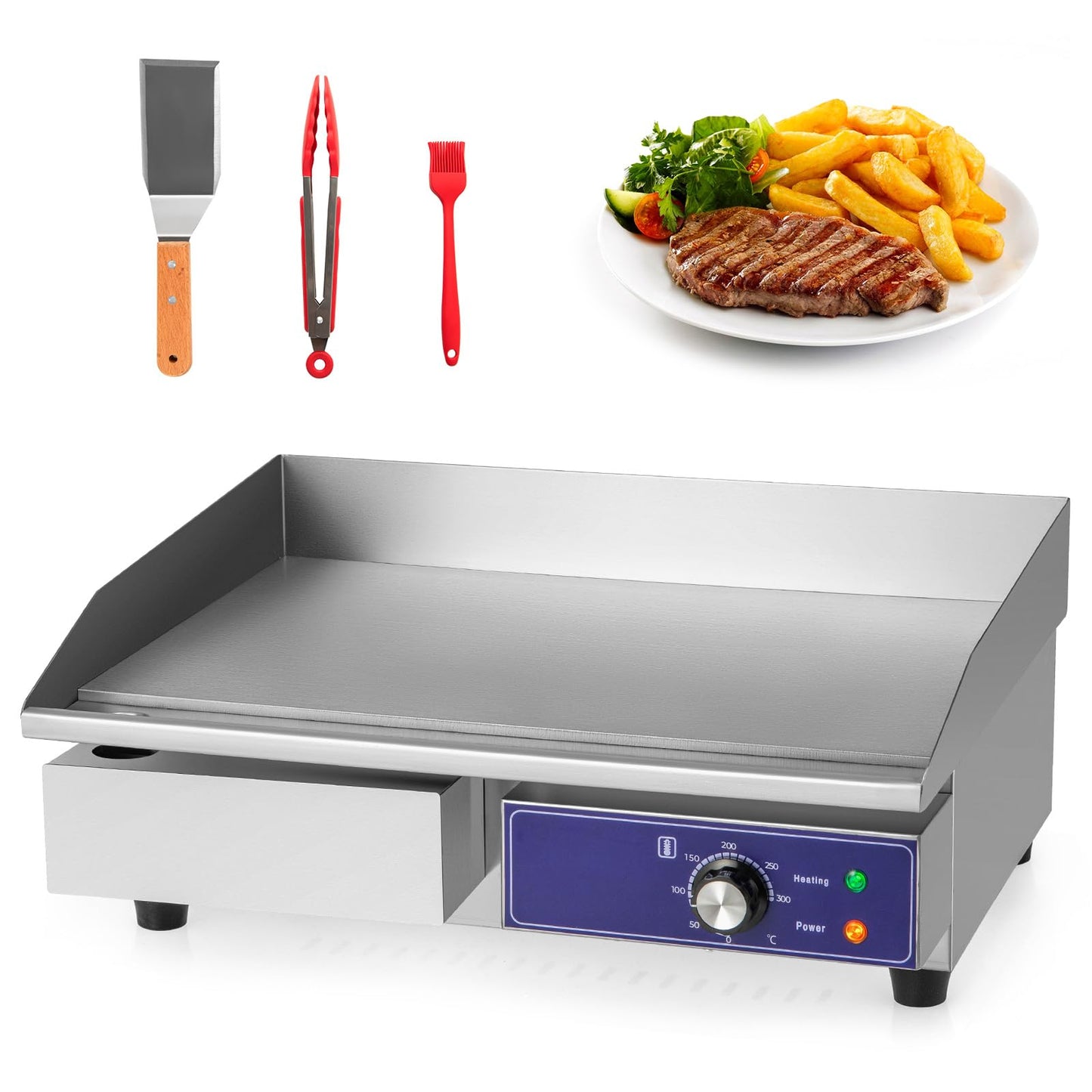 Countertop Electric Griddle 2800W 240V Commercial Stainless Steel Grill with 50℃-300℃ Adjustable Temp Control