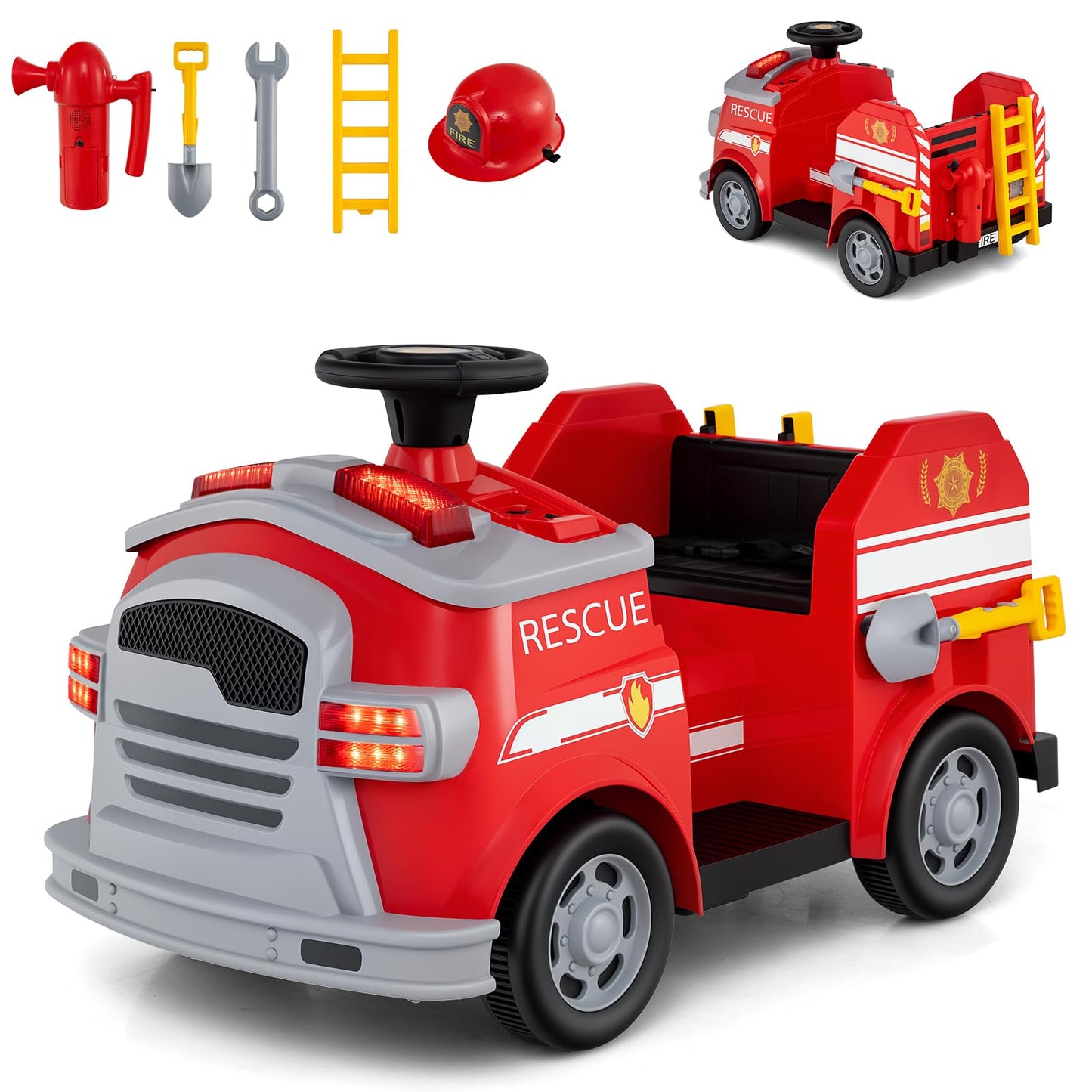 12V Kids Ride on Fire Truck with Shovel and Wrench