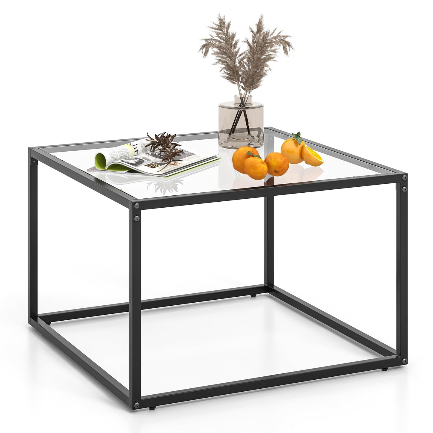 Giantex Square Coffee Table Tempered Glass Sofa Side Table with Adjustable Foot Pads (without Mesh Shelf)
