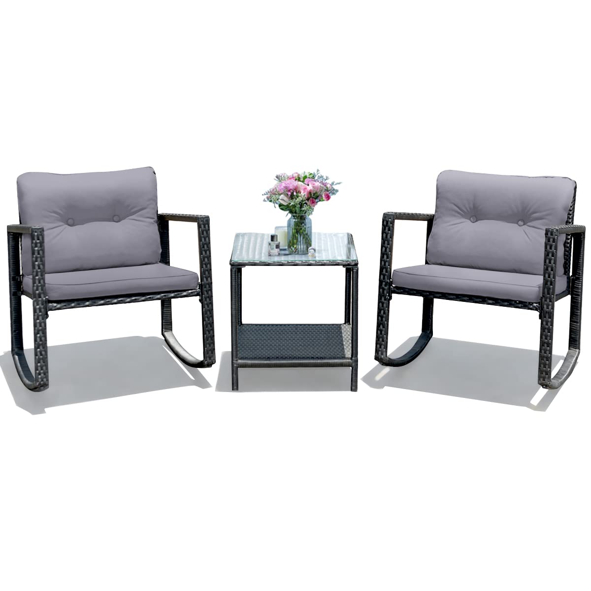 Giantex 3 PCS Garden Rocking Bistro Set PE Rattan Furniture Set with 2-tier Glass Table