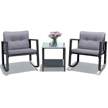 Giantex 3 PCS Garden Rocking Bistro Set PE Rattan Furniture Set with 2-tier Glass Table
