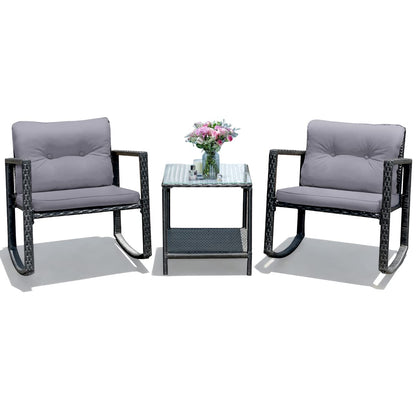 Giantex 3 PCS Garden Rocking Bistro Set PE Rattan Furniture Set with 2-tier Glass Table