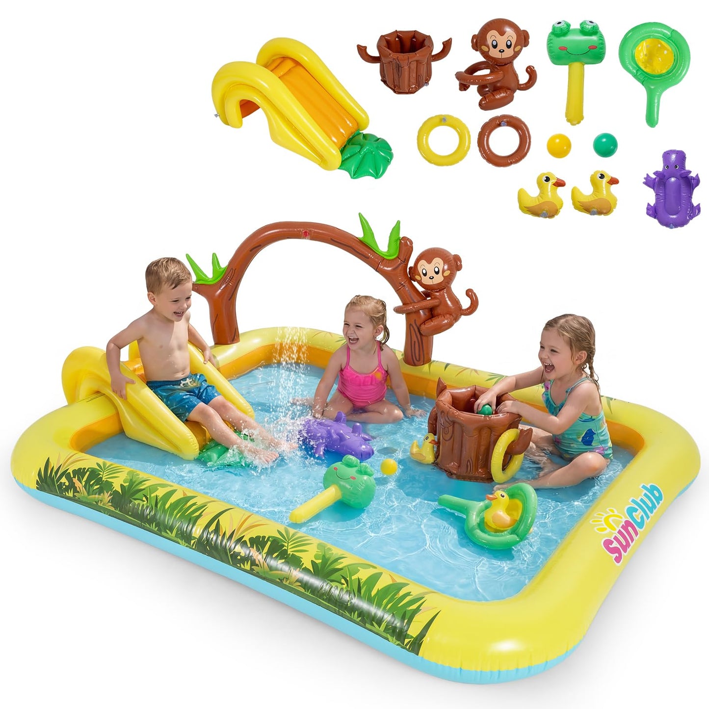 Inflatable Play Center, Jungle Animal Spray Paddling Pool with Slide & Sprinkle
