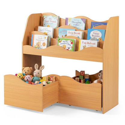 Kids Bookshelf, Storage Organizer with 2 Rolling Drawers