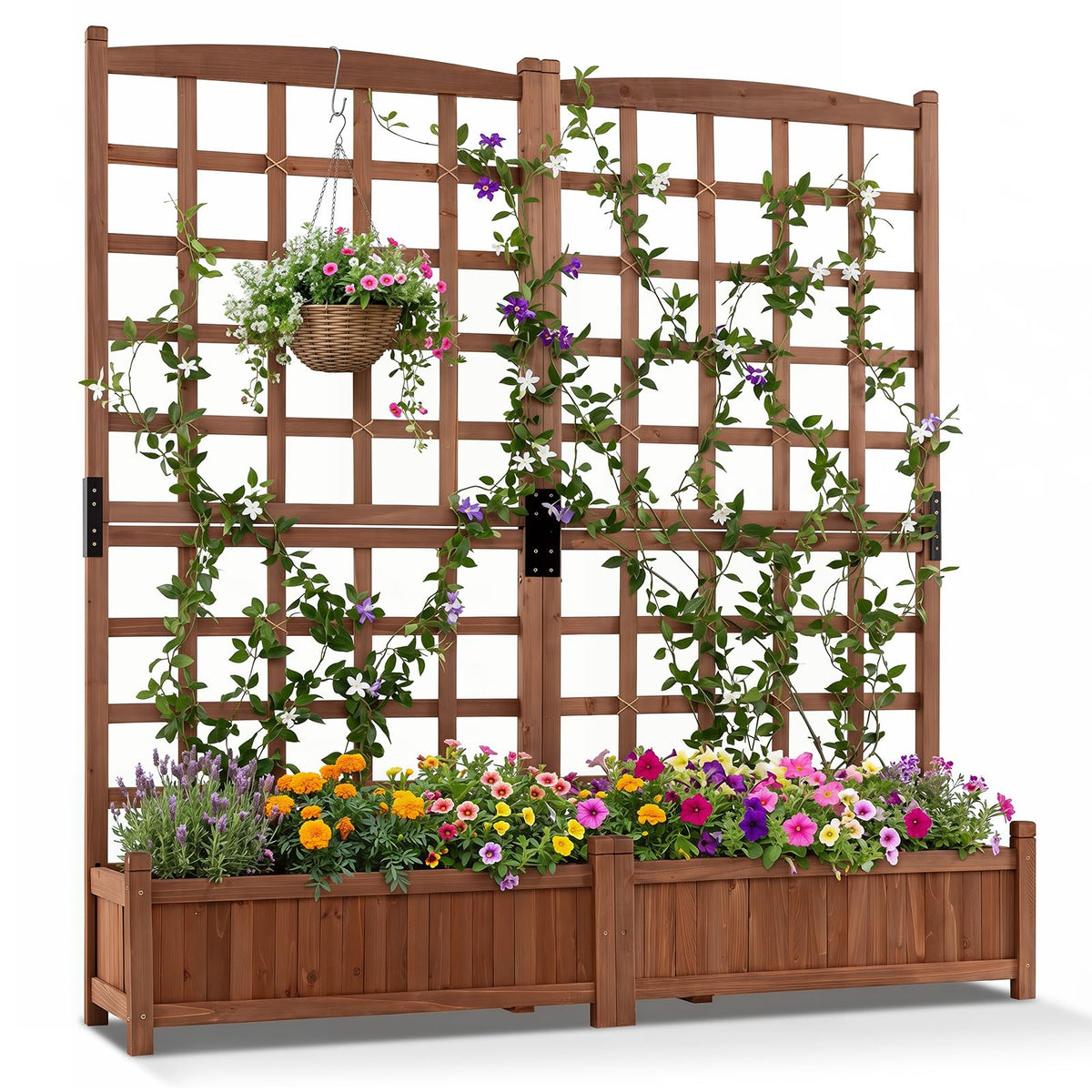 Wooden Garden Planter with Trellis, Raised Garden Bed with 2 Boxes