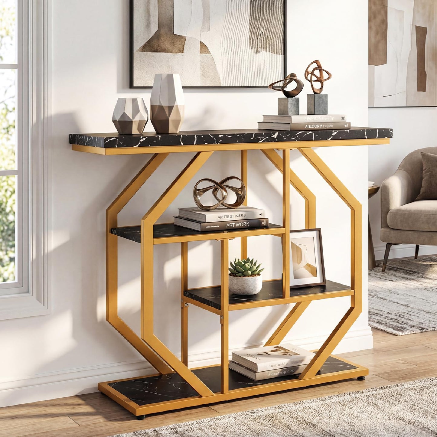 Console Table, 4-Tier Faux Marble Slim Entryway Table with Storage Shelves