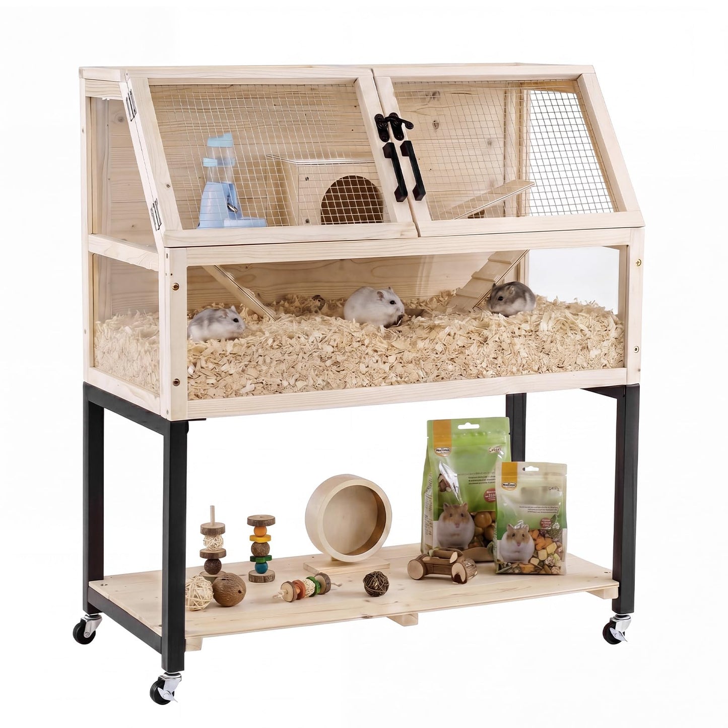 Wooden Hamster Cage, 2-Tier Small Animal House with Acrylic Windows