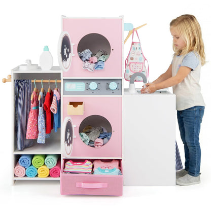 Wooden Kids Laundry Playset Pretend Toy Washing Machine with Laundry Detergent Bottle