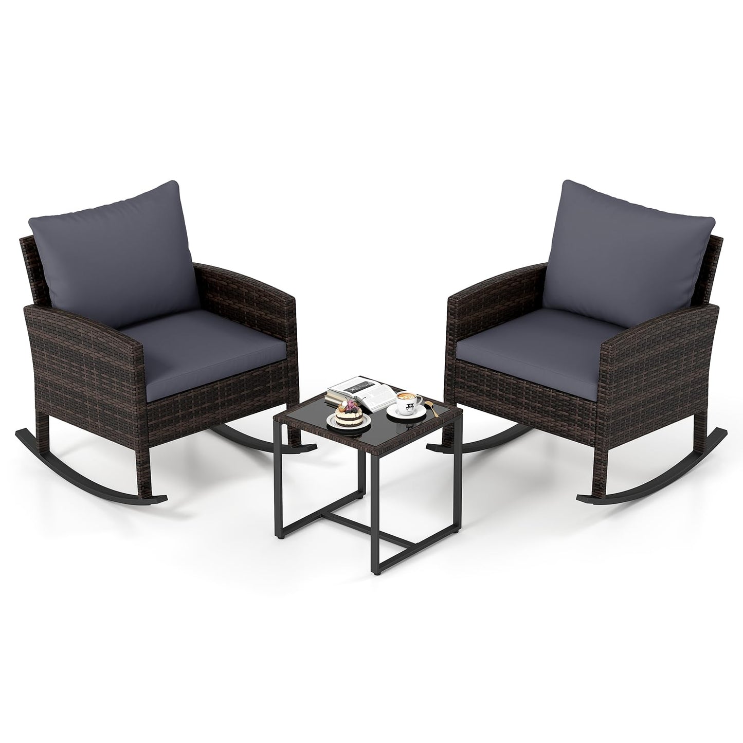 3 PCS Garden Rocking Bistro Set, PE Rattan Furniture Set with Coffee Table