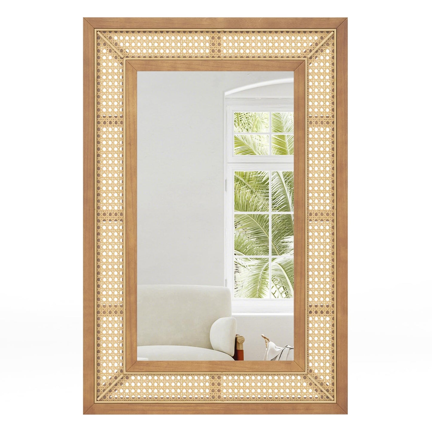Rattan Decorative Wall Mirror, Large Wooden Frame Hanging Vanity Mirror