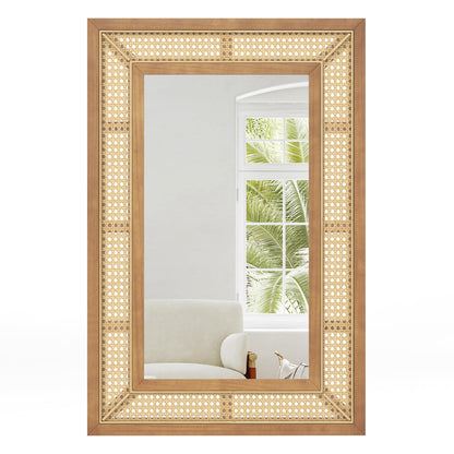 Rattan Decorative Wall Mirror, Large Wooden Frame Hanging Vanity Mirror