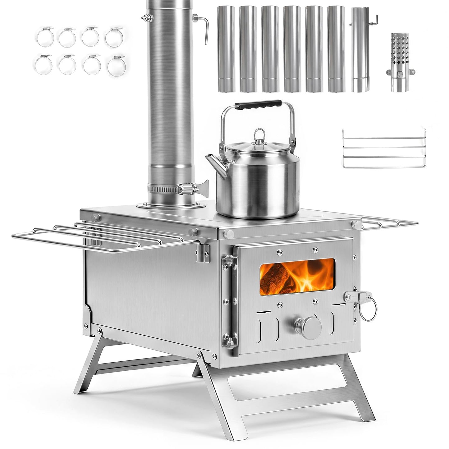 Hot Tent Stove, Camping Tent Stove (Silver, 45 x 37 x 219cm) | Stainless Steel Wood Burning Stove