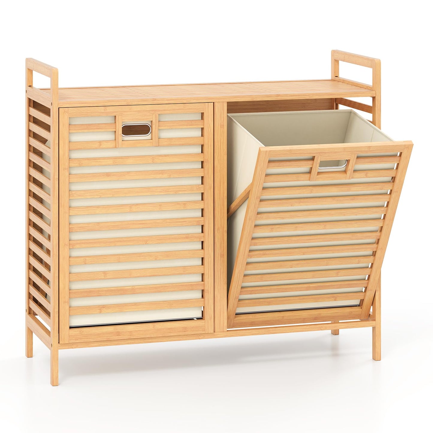 75L Double Tilt-out Laundry Hamper Bamboo with 2 Removable Bins