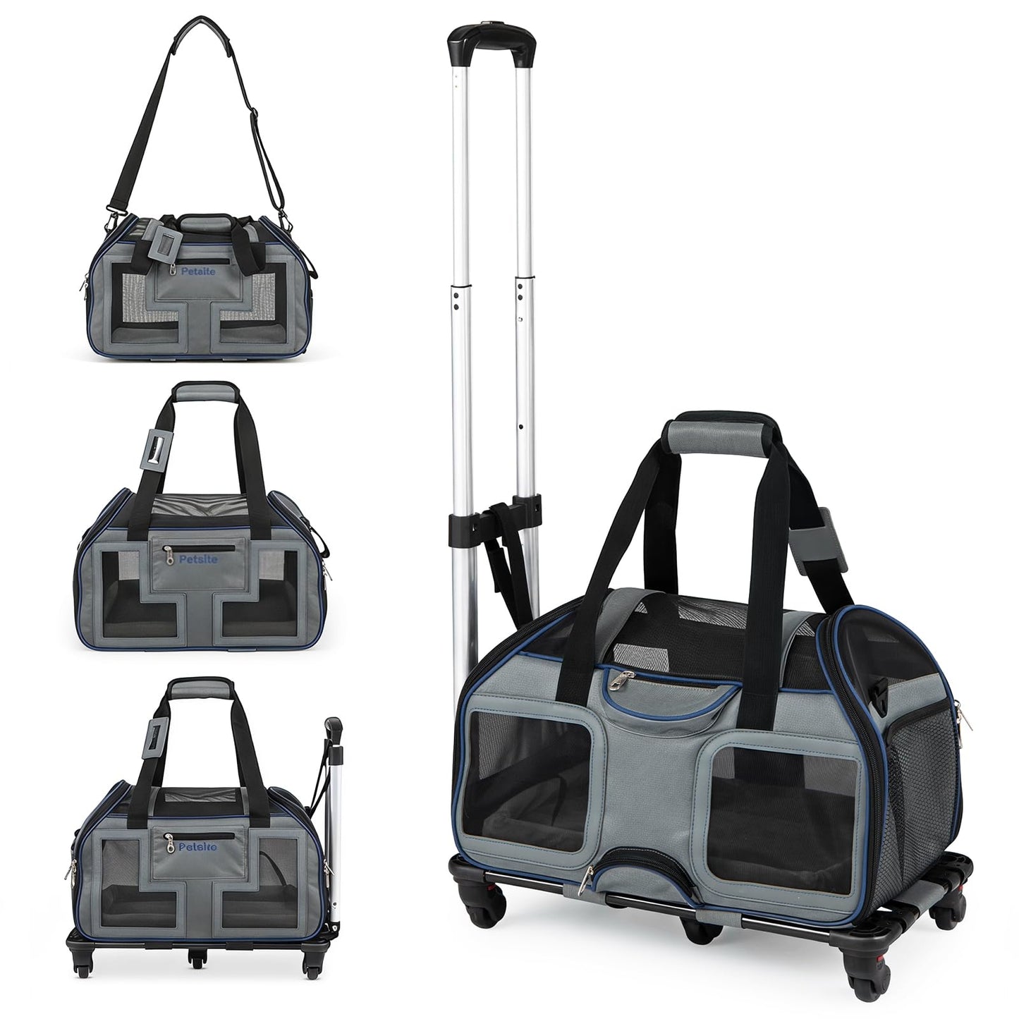 Foldable Rolling Pet Carrier with Wheels and Padded Carry Handle