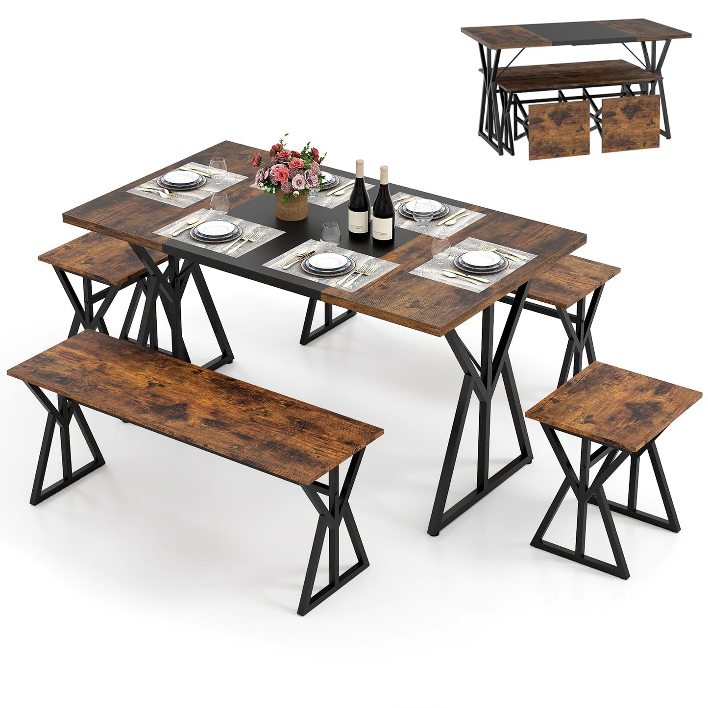 Dining Table and Stool Set with Bench for 4-6, 138cm Industrial Kitchen Table