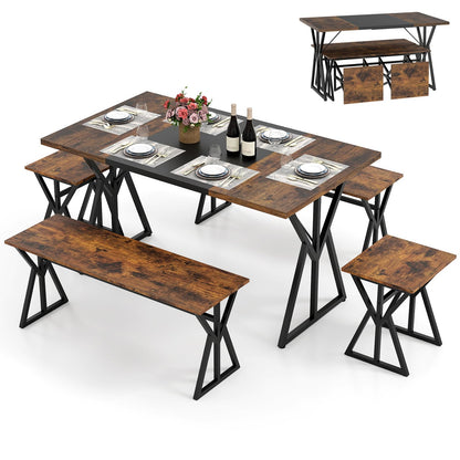 Dining Table and Stool Set with Bench for 4-6, 138cm Industrial Kitchen Table