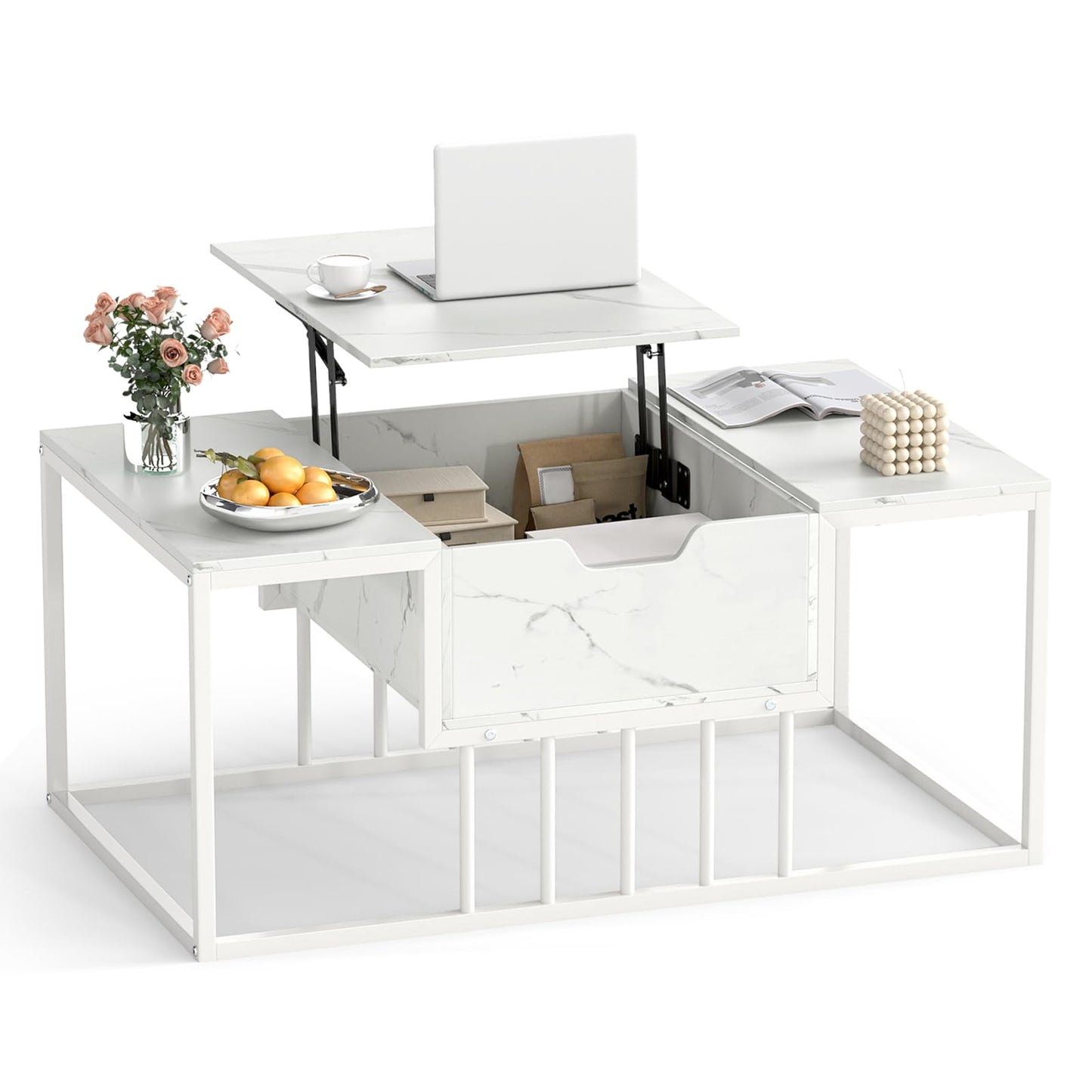Lift Up Top Coffee Table, Marble Center Table with Hidden Storage