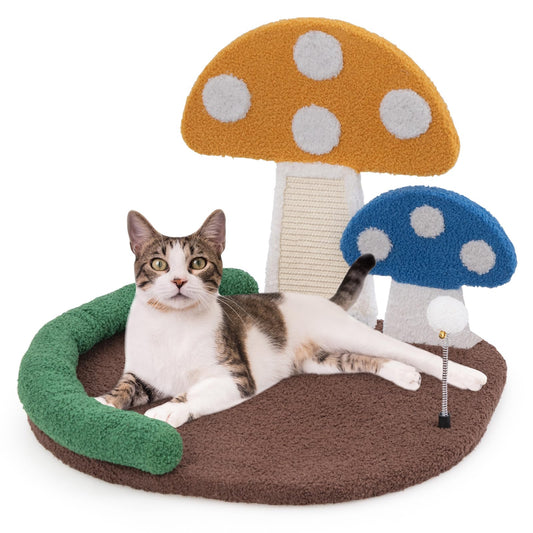 Mushroom Cat Bed with Wide Large Platform and Sisal Scratching Panel