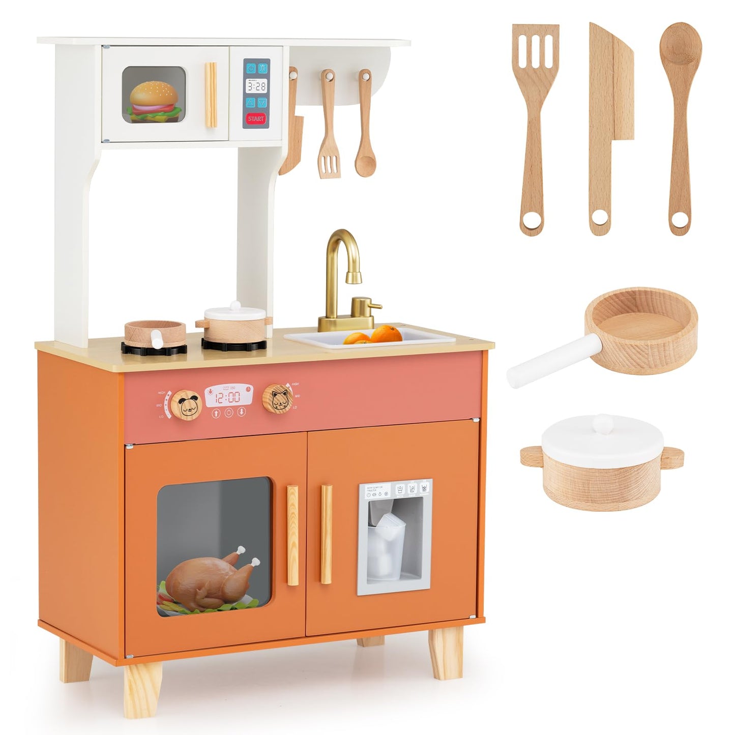 Wooden Play Kitchen with Cookware Accessories for Ages 3-6