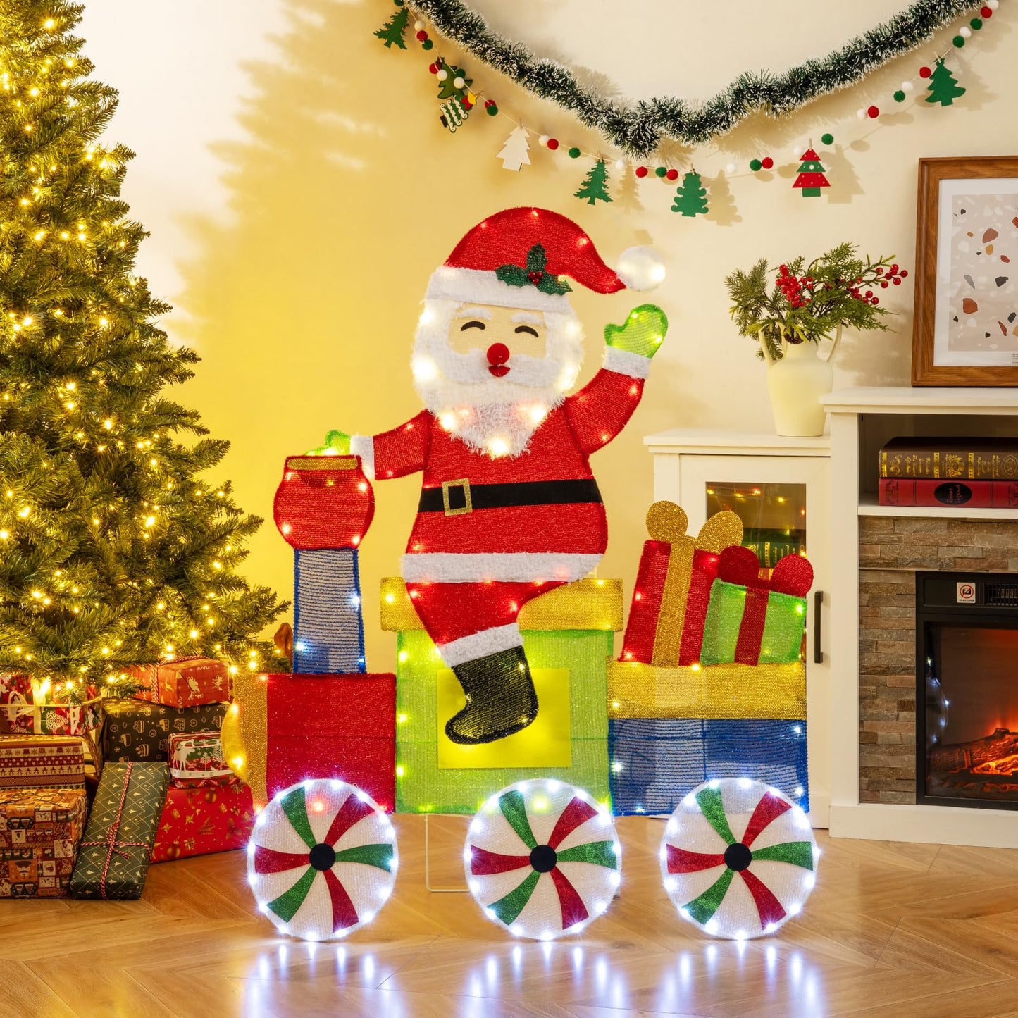 4FT Lighted Santa Claus on Train, 2D Pre-Lit Indoor Outdoor Christmas Decoration