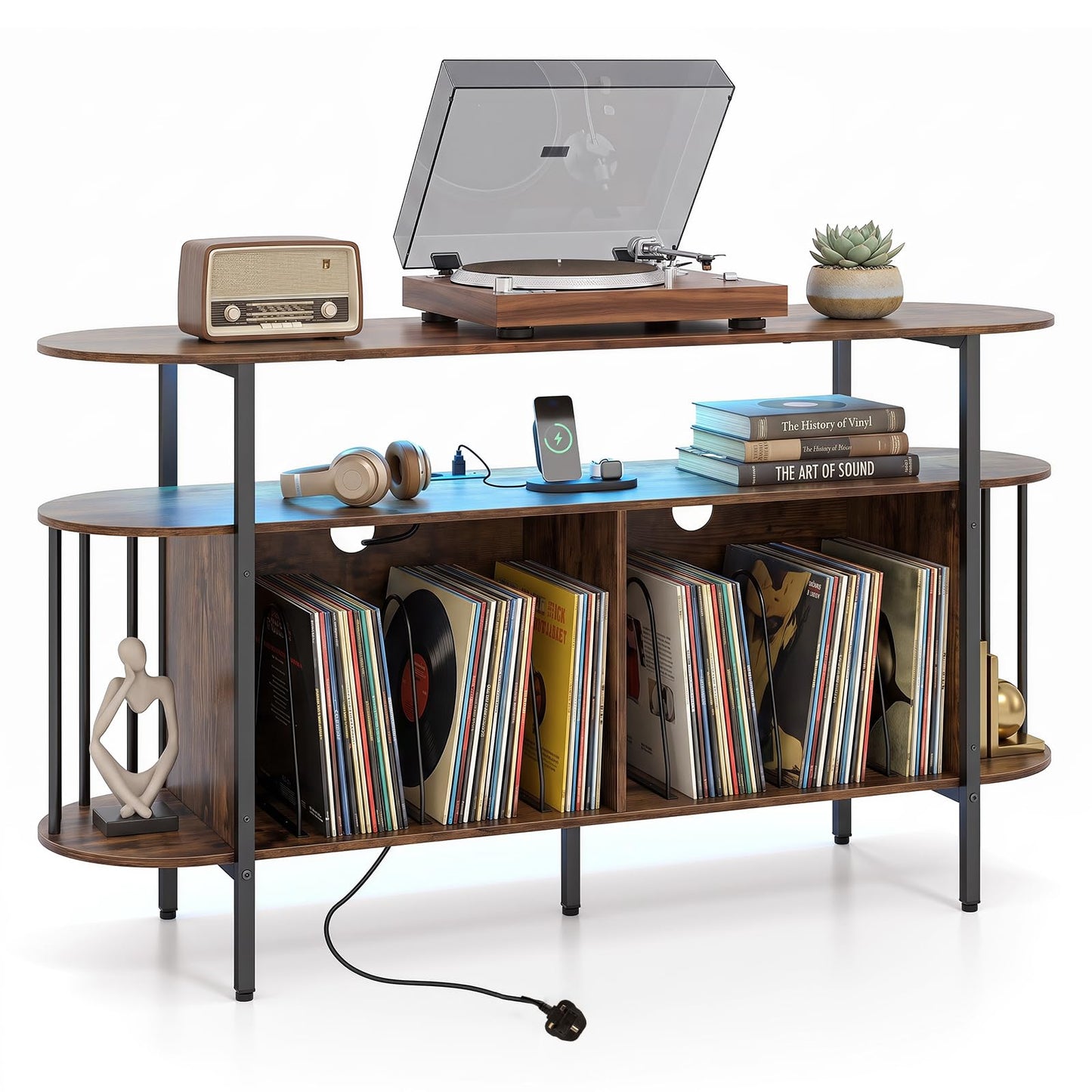 Record Player Stand with Charging Station,LED Lights