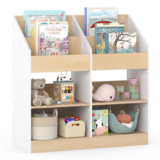 Kids Bookshelf Toddler Book Stand with 4 Upright Cubes and 4 Storage Compartments