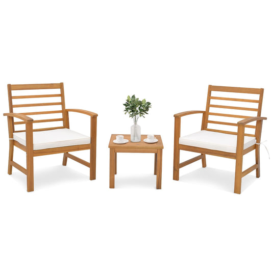 3-Piece Patio Bistro Set Acacia Wood Garden Furniture Set with Coffee Table 2 Armchairs